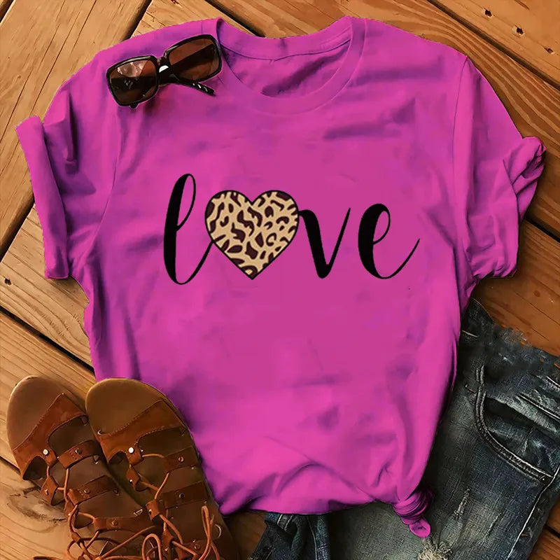 Leopard Love Print Women T Shirt Short Sleeve O Neck Loose Women Tshirt Ladies Fashion Tee Shirt Tops Clothes Camisetas Mujer
