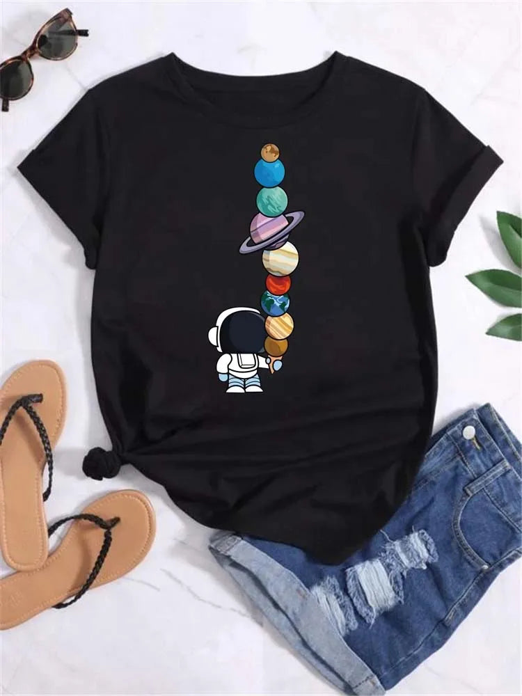 Maycaur T Shirt Women Moon Planet Print Fashion Tee Shirts Casual Round Neck Short Sleeve Streetwear Female T-Shirt Vintage Tops