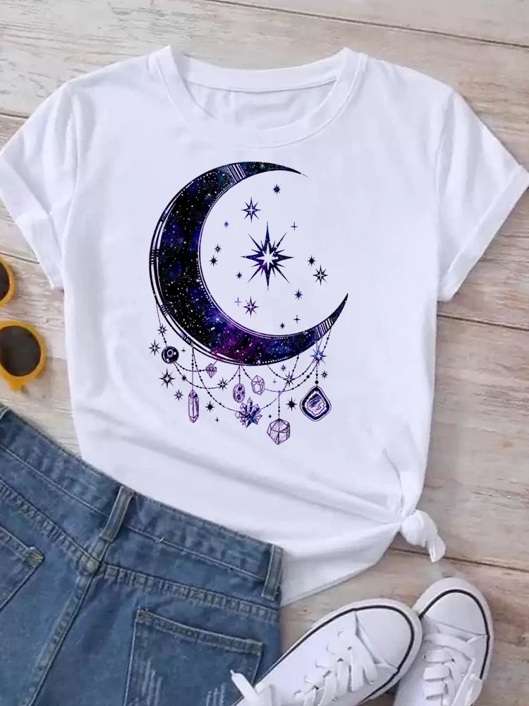 Maycaur T Shirt Women Moon Planet Print Fashion Tee Shirts Casual Round Neck Short Sleeve Streetwear Female T-Shirt Vintage Tops