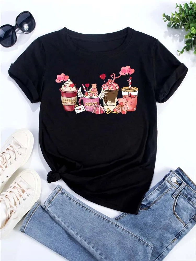 Maycaur Women's Oversized T-shirt Tee Korean Fashion Coffee Cup Print Graphic Female Clothes Valentine's Day Tops Lover T Shirts