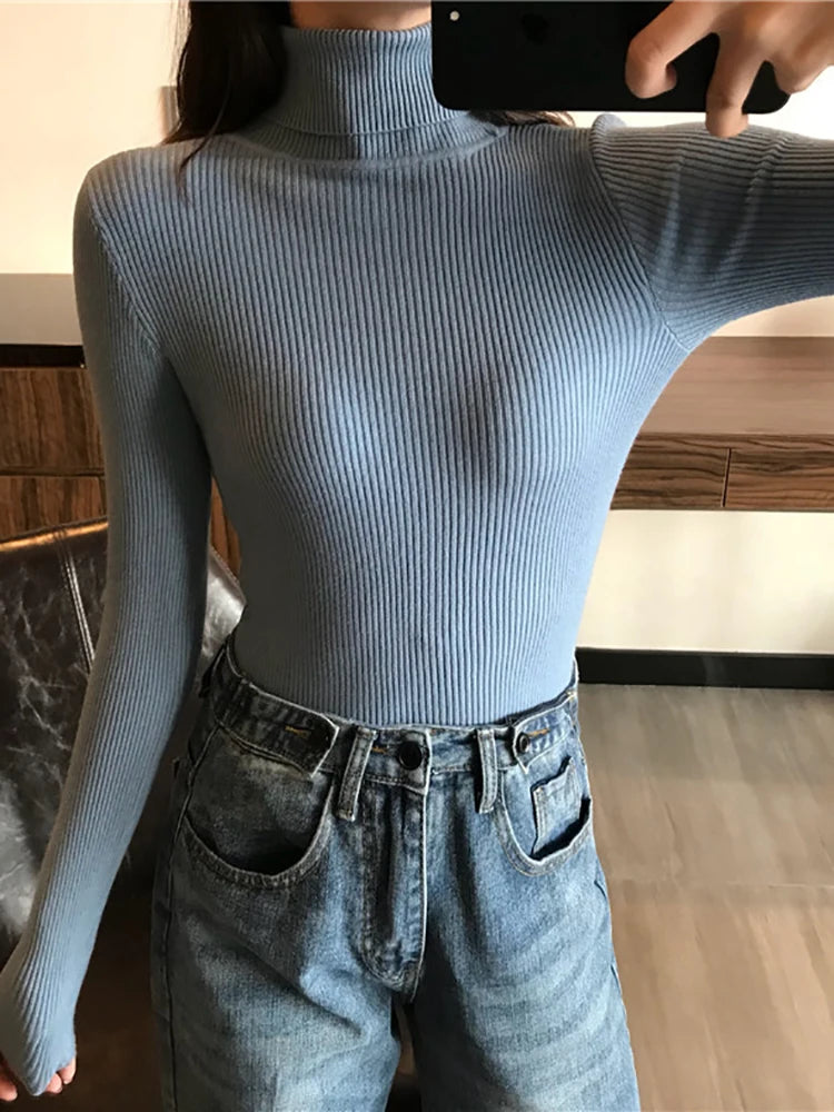 2025 Women Knitted Ribbed Pullover Autumn Winter Sweater Sweater Long Sleeve Turtleneck Slim Jumper Soft Warm Pull Femme
