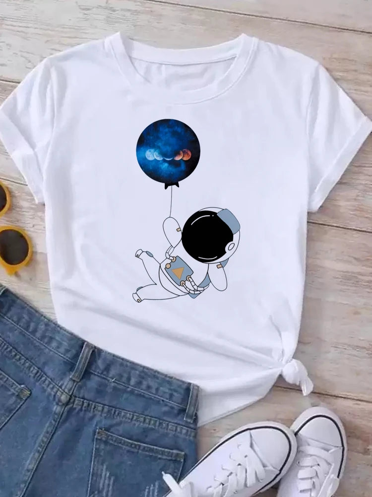 Maycaur T Shirt Women Moon Planet Print Fashion Tee Shirts Casual Round Neck Short Sleeve Streetwear Female T-Shirt Vintage Tops