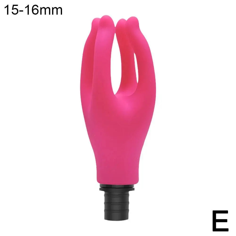 A pink claw-shaped massager attachment designed to fit on a fascia gun, pictured with a person receiving a back massage.