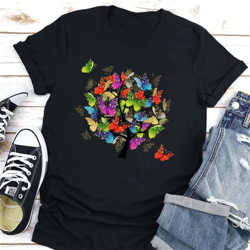 Beautiful Flower Print Women T-Shirts Casual Breathable Soft Short Sleeve Tops Loose Comfortable Street Female Clothes Pink T Sh