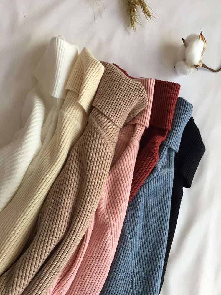 2025 Women Knitted Ribbed Pullover Autumn Winter Sweater Sweater Long Sleeve Turtleneck Slim Jumper Soft Warm Pull Femme