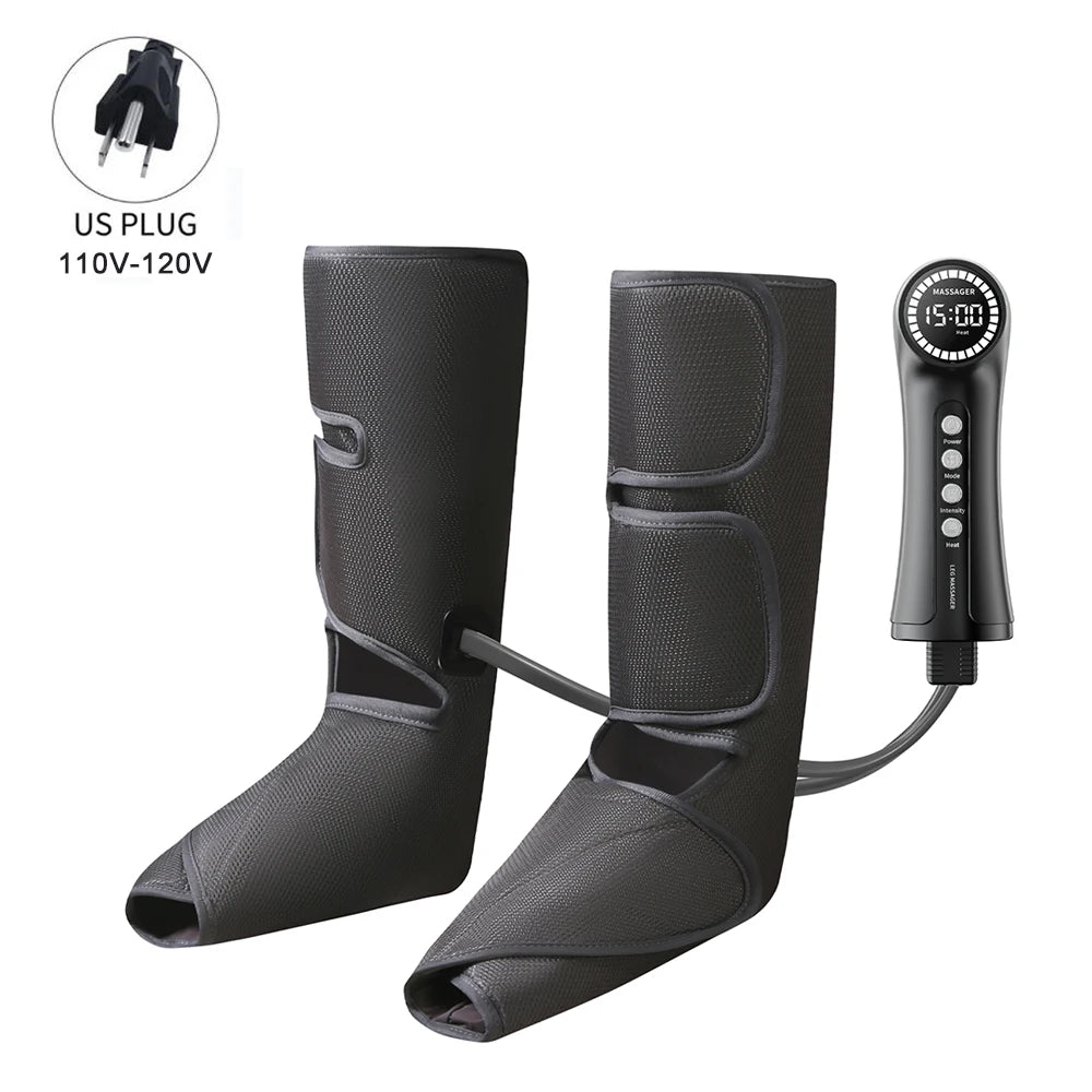 Air compressed leg massager with heating function, consisting of two black boot-like devices connected by a control unit with a digital display.