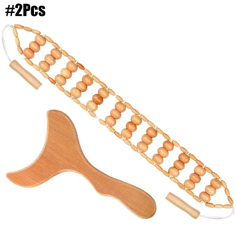 A set of wooden massage tools being used on a person's back, highlighting the smooth polished surface and easy handle bar of the wooden massagers.