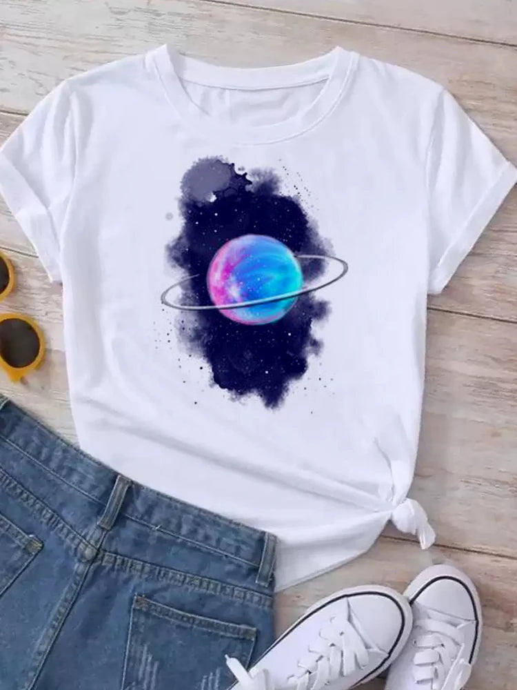 Maycaur T Shirt Women Moon Planet Print Fashion Tee Shirts Casual Round Neck Short Sleeve Streetwear Female T-Shirt Vintage Tops