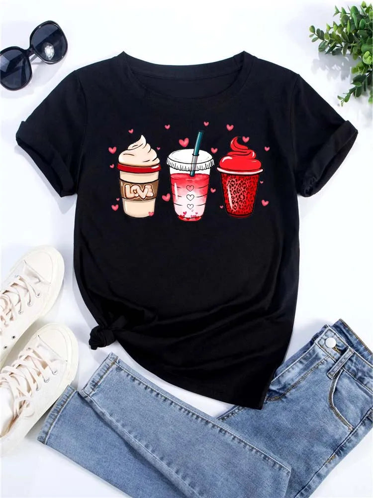 Maycaur Women's Oversized T-shirt Tee Korean Fashion Coffee Cup Print Graphic Female Clothes Valentine's Day Tops Lover T Shirts