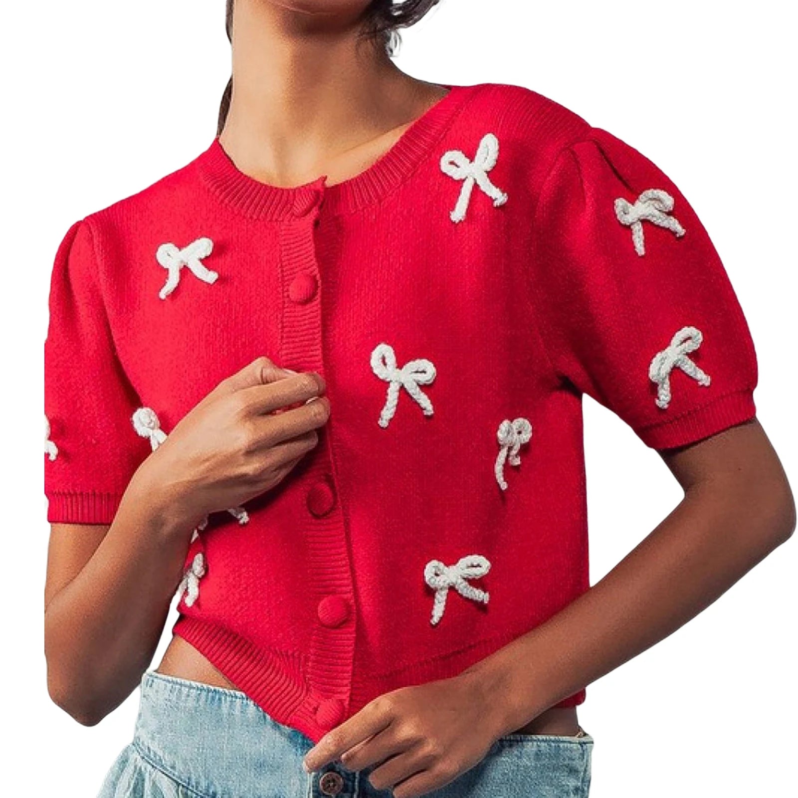 Ladies Fall Sweater Jacket with Half Sleeves Round Neckline Button Closure and 3D Bow Detail Knit Cardigan