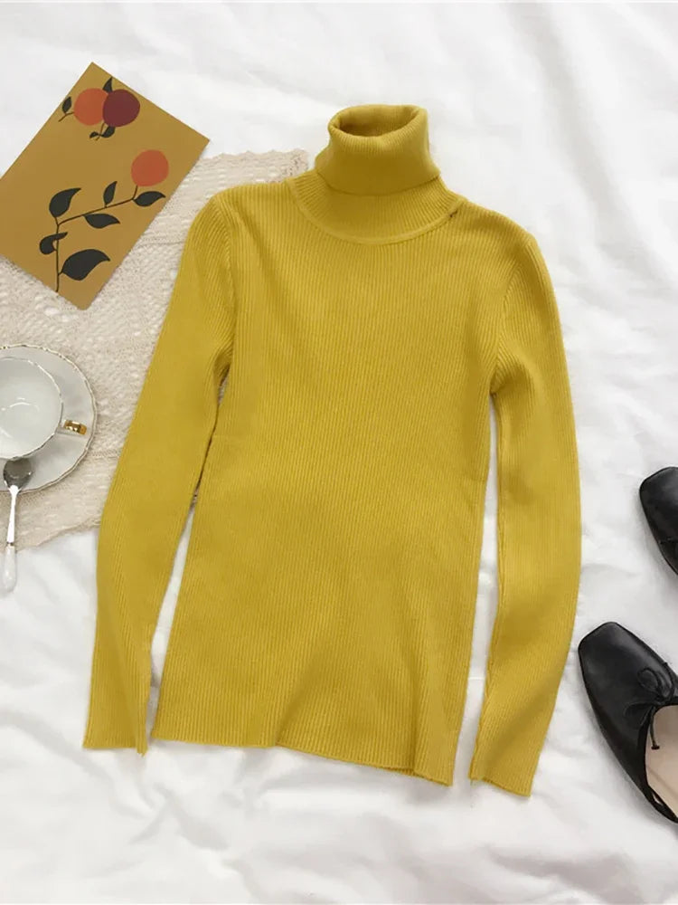 2025 Women Knitted Ribbed Pullover Autumn Winter Sweater Sweater Long Sleeve Turtleneck Slim Jumper Soft Warm Pull Femme