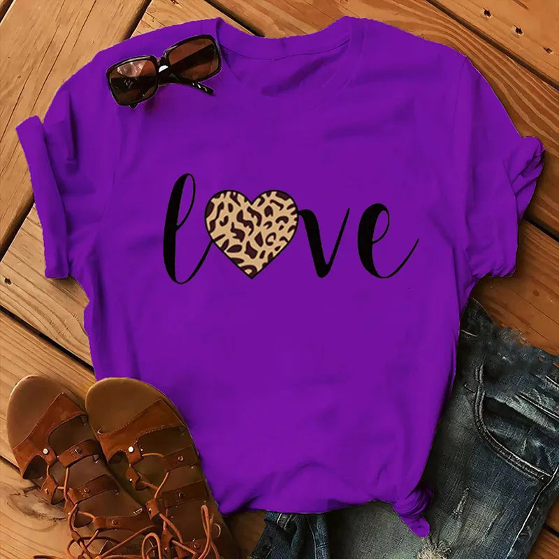Leopard Love Print Women T Shirt Short Sleeve O Neck Loose Women Tshirt Ladies Fashion Tee Shirt Tops Clothes Camisetas Mujer