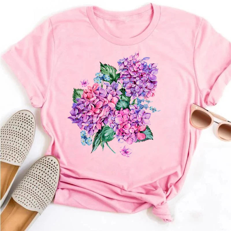 Beautiful Flower Print Women T-Shirts Casual Breathable Soft Short Sleeve Tops Loose Comfortable Street Female Clothes Pink T Sh