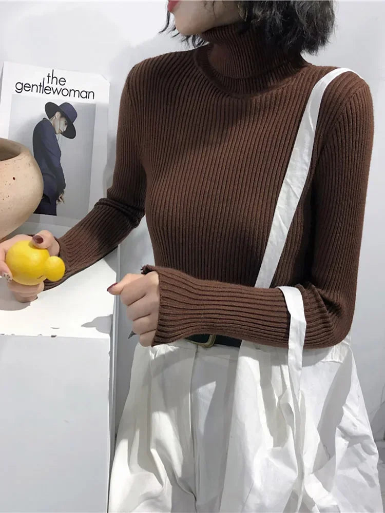 2025 Women Knitted Ribbed Pullover Autumn Winter Sweater Sweater Long Sleeve Turtleneck Slim Jumper Soft Warm Pull Femme