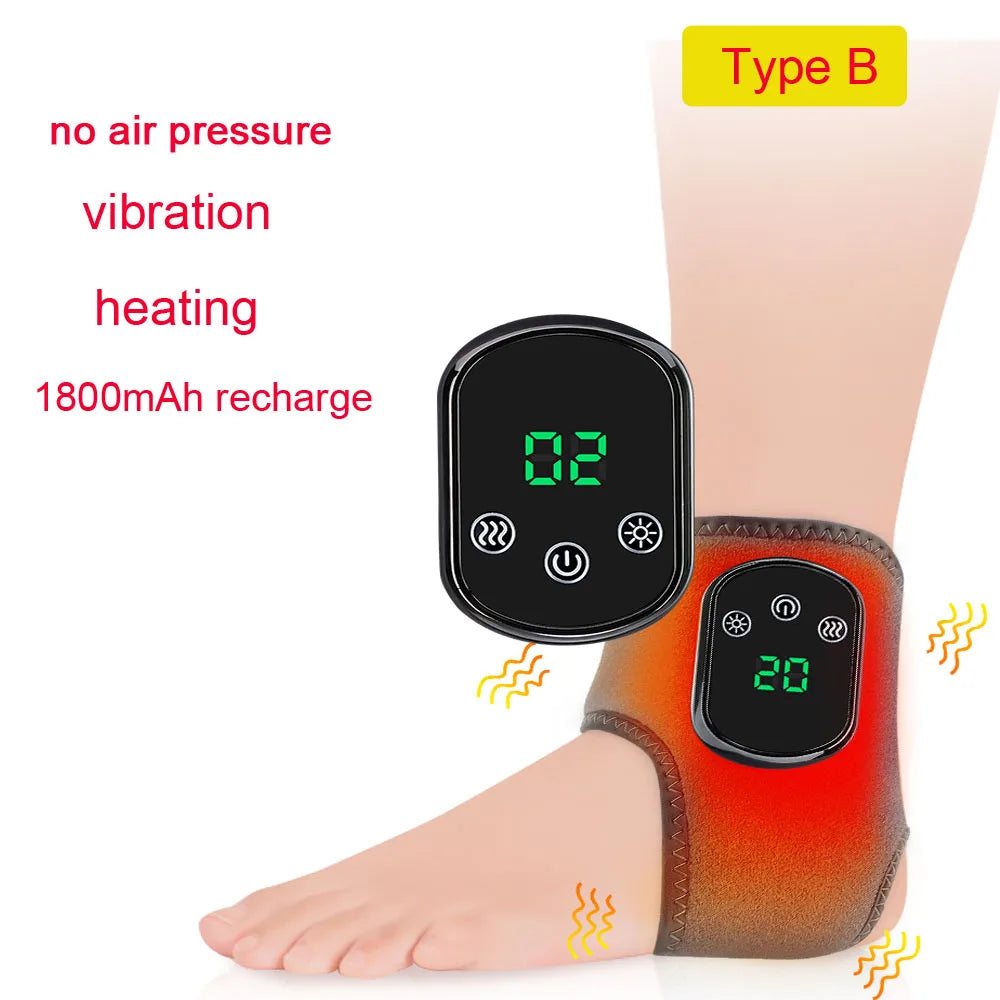 A smart ankle massager brace in black and grey, featuring control buttons and labels for heating, air pressure, and vibration functions, applied to a human foot.