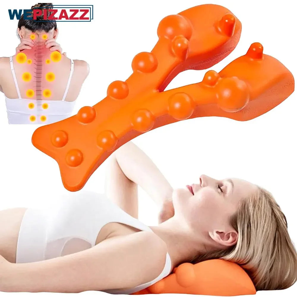 An image showing a woman lying on an orange neck stretcher massager, with additional images demonstrating the device being used by a person sitting or lying down.