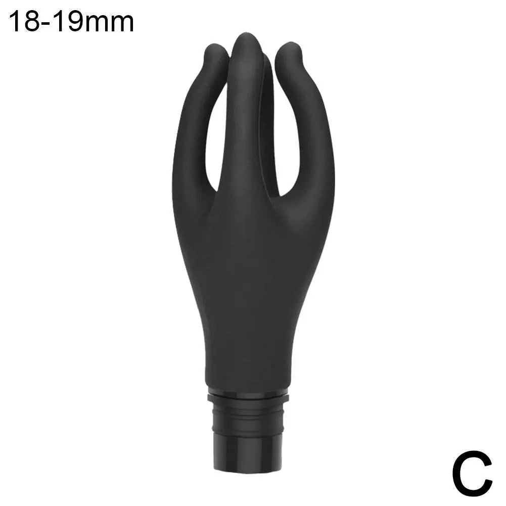 A pink claw-shaped massager attachment designed to fit on a fascia gun, pictured with a person receiving a back massage.