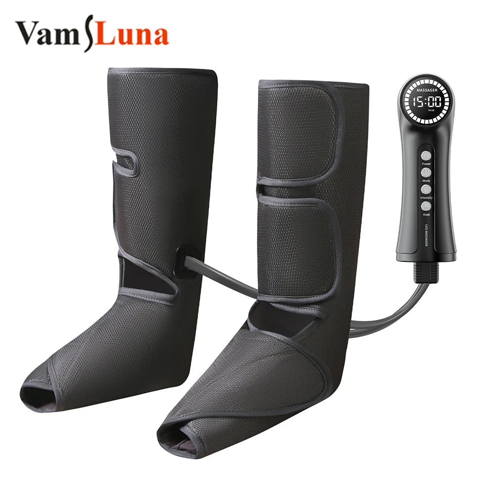 Air compressed leg massager with heating function, consisting of two black boot-like devices connected by a control unit with a digital display.