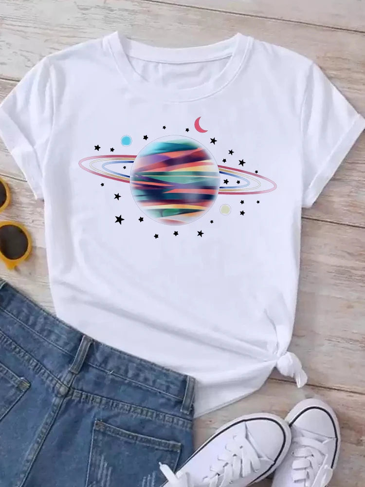 Maycaur T Shirt Women Moon Planet Print Fashion Tee Shirts Casual Round Neck Short Sleeve Streetwear Female T-Shirt Vintage Tops