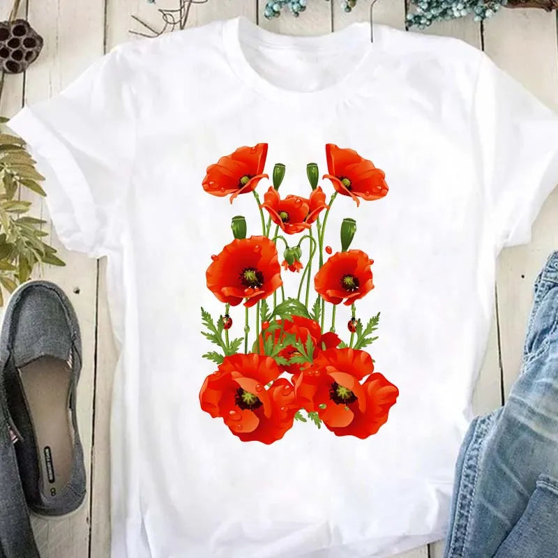 Beautiful Flower Print Women T-Shirts Casual Breathable Soft Short Sleeve Tops Loose Comfortable Street Female Clothes Pink T Sh