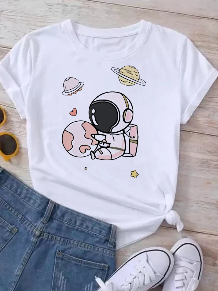 Maycaur T Shirt Women Moon Planet Print Fashion Tee Shirts Casual Round Neck Short Sleeve Streetwear Female T-Shirt Vintage Tops