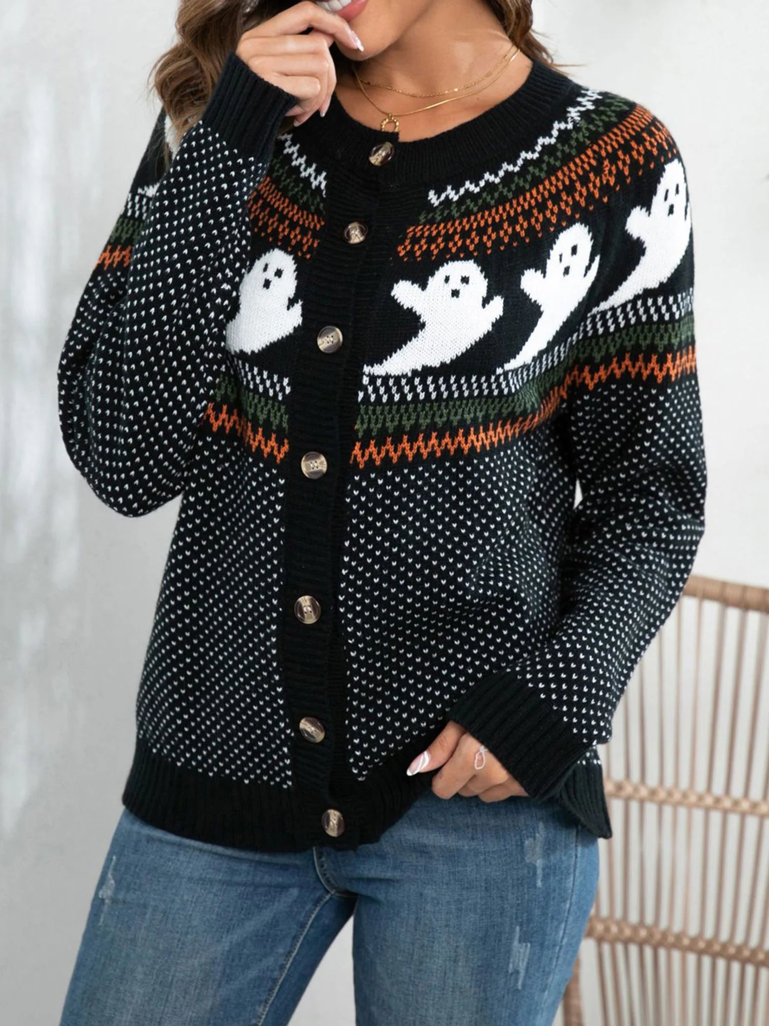 Women s Halloween Pumpkin Print Long Sleeve Button Down Cardigan Round Neck Sweater Knit Tops for Fall Festivities