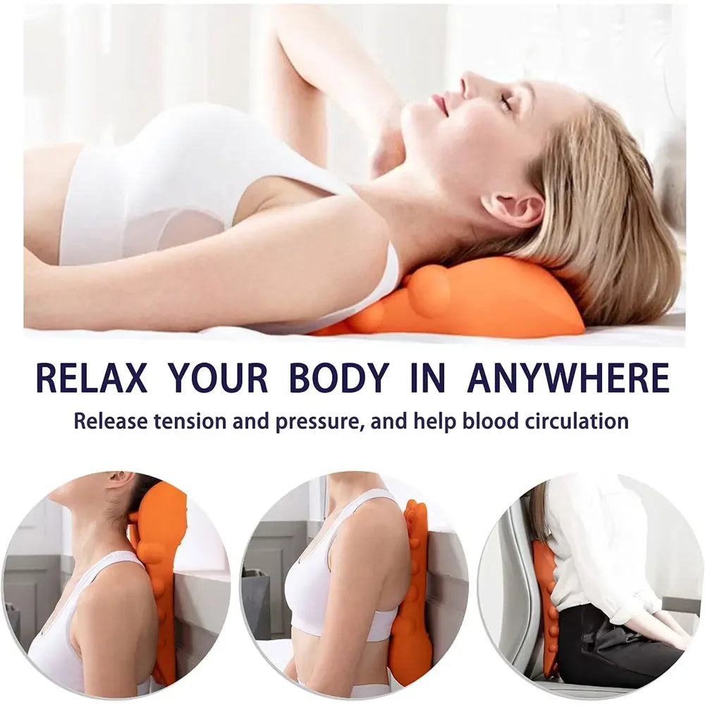 An image showing a woman lying on an orange neck stretcher massager, with additional images demonstrating the device being used by a person sitting or lying down.