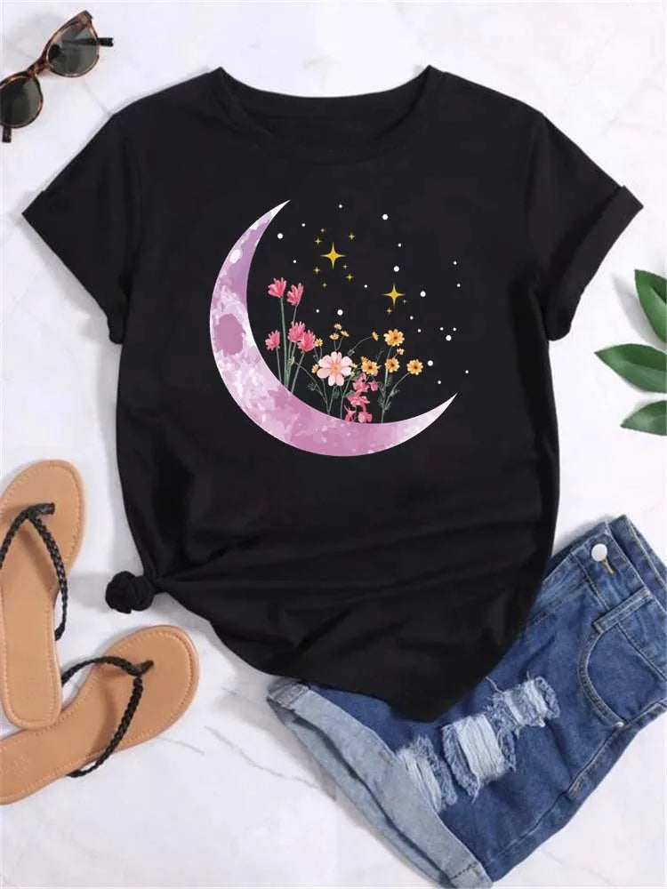 Maycaur T Shirt Women Moon Planet Print Fashion Tee Shirts Casual Round Neck Short Sleeve Streetwear Female T-Shirt Vintage Tops