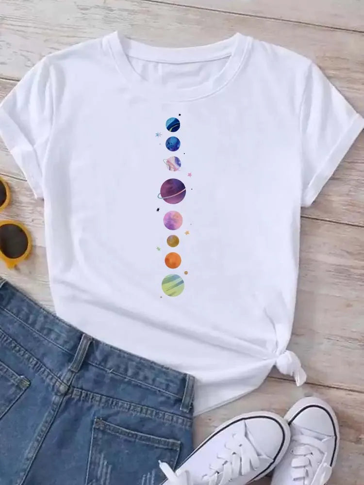 Maycaur T Shirt Women Moon Planet Print Fashion Tee Shirts Casual Round Neck Short Sleeve Streetwear Female T-Shirt Vintage Tops