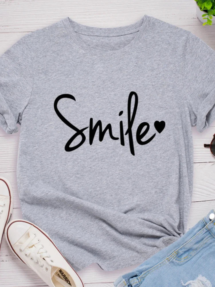 Smile Heart Print Women T Shirt Short Sleeve O Neck Loose Women Tshirt Ladies Tee Shirt Tops Clothes Camisetas Mujer