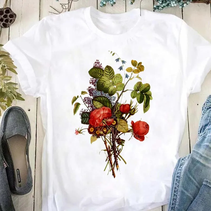 Beautiful Flower Print Women T-Shirts Casual Breathable Soft Short Sleeve Tops Loose Comfortable Street Female Clothes Pink T Sh