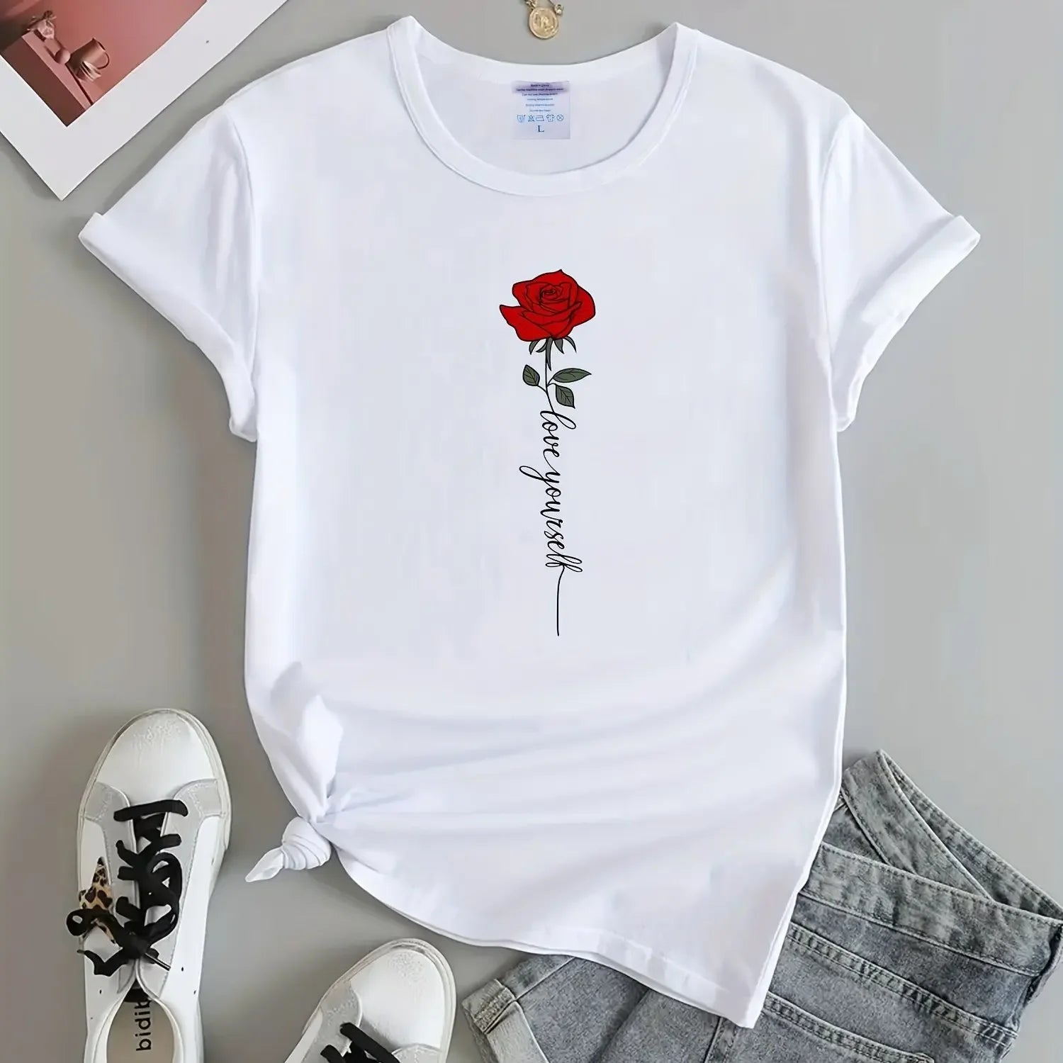 Letter & Rose Print T-Shirt Crew Neck Short Sleeve T-Shirt Casual Every Day Tops Women's Clothin Women Clothes