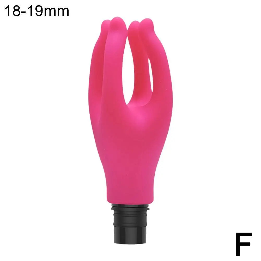 A pink claw-shaped massager attachment designed to fit on a fascia gun, pictured with a person receiving a back massage.