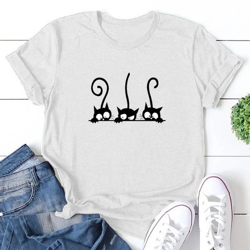 Three Black Cat Print T Shirt Women Short Sleeve O Neck Loose Tshirt Summer Women Tee Shirt Tops Camisetas Mujer