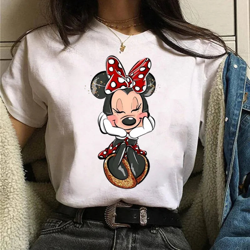 Fashion Mickey Minnie Mouse Disney T-shirt Women's Clothing Summer Short Sleeves Tops Casual Kawaii T Shirts Clothes