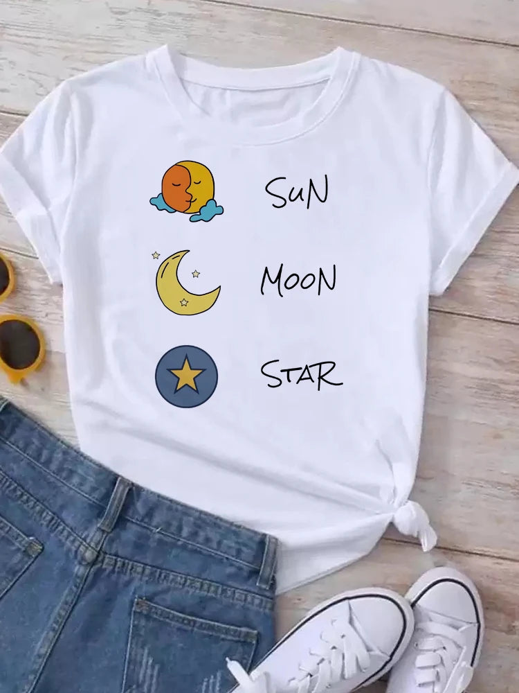 Maycaur T Shirt Women Moon Planet Print Fashion Tee Shirts Casual Round Neck Short Sleeve Streetwear Female T-Shirt Vintage Tops