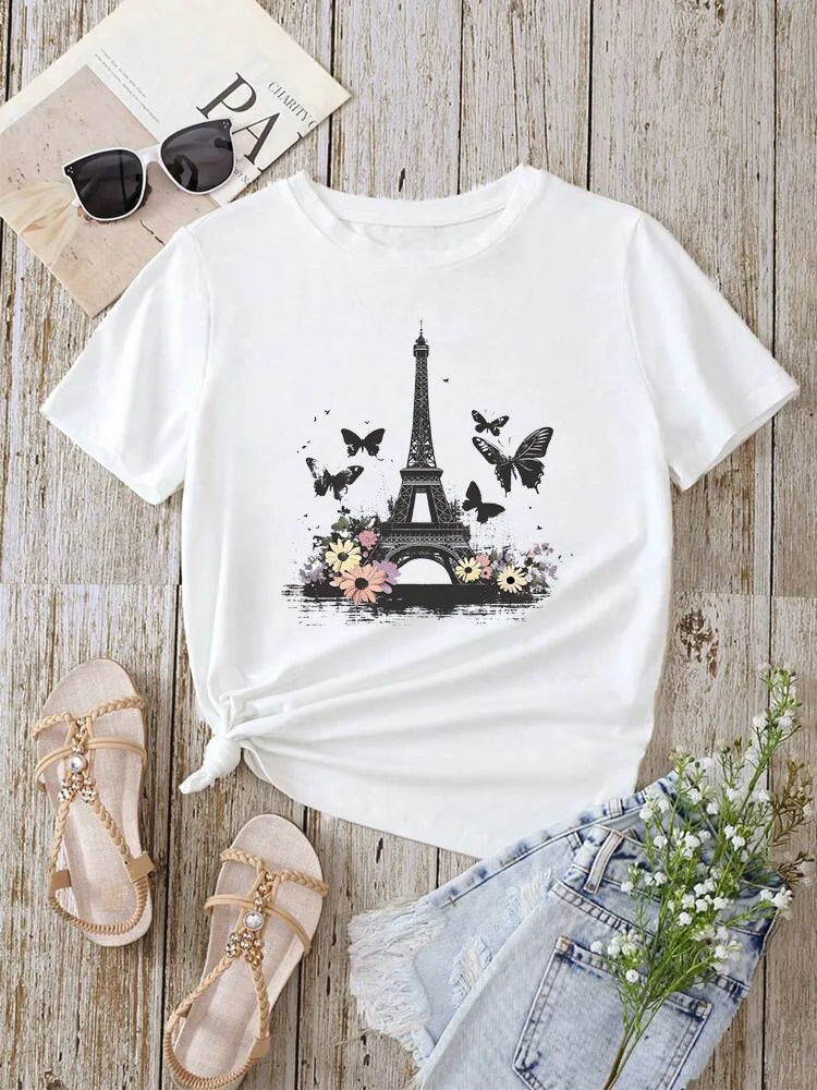 Fashion Eiffel Tower Floral Print Women Summer T Shirt Girl O Neck Funny Y2K Tops Tee Female 90s Casual Clothing