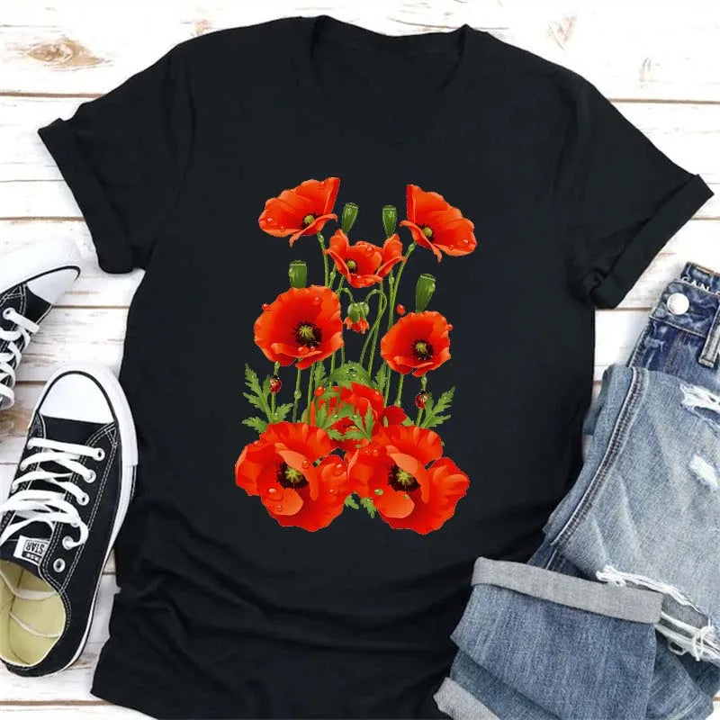 Beautiful Flower Print Women T-Shirts Casual Breathable Soft Short Sleeve Tops Loose Comfortable Street Female Clothes Pink T Sh