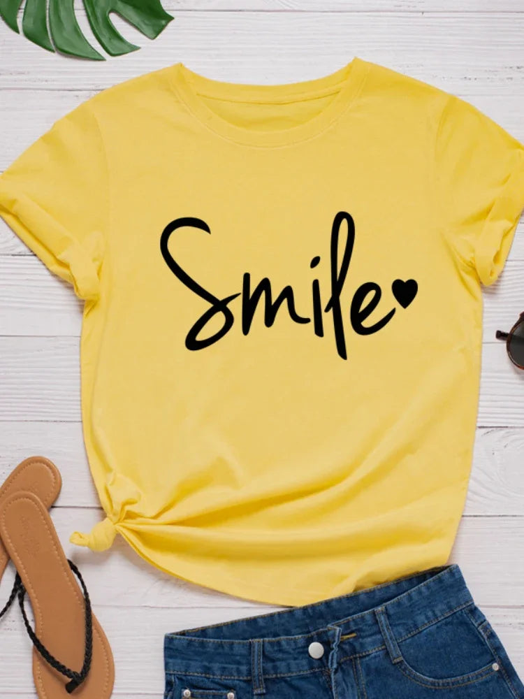 Smile Heart Print Women T Shirt Short Sleeve O Neck Loose Women Tshirt Ladies Tee Shirt Tops Clothes Camisetas Mujer
