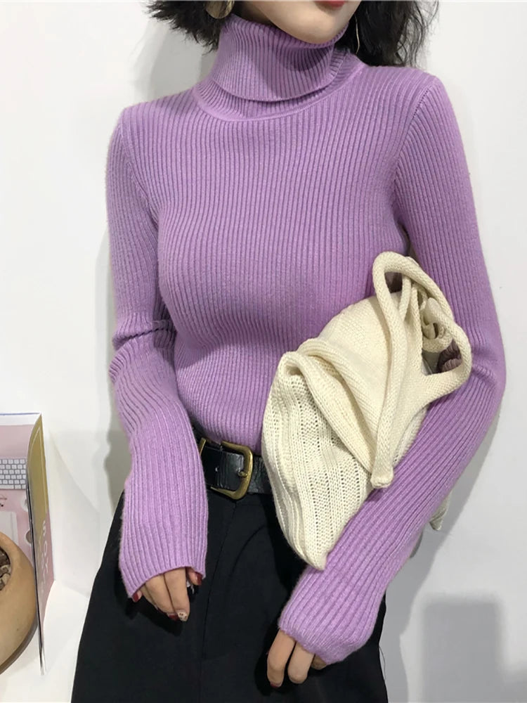 2025 Women Knitted Ribbed Pullover Autumn Winter Sweater Sweater Long Sleeve Turtleneck Slim Jumper Soft Warm Pull Femme