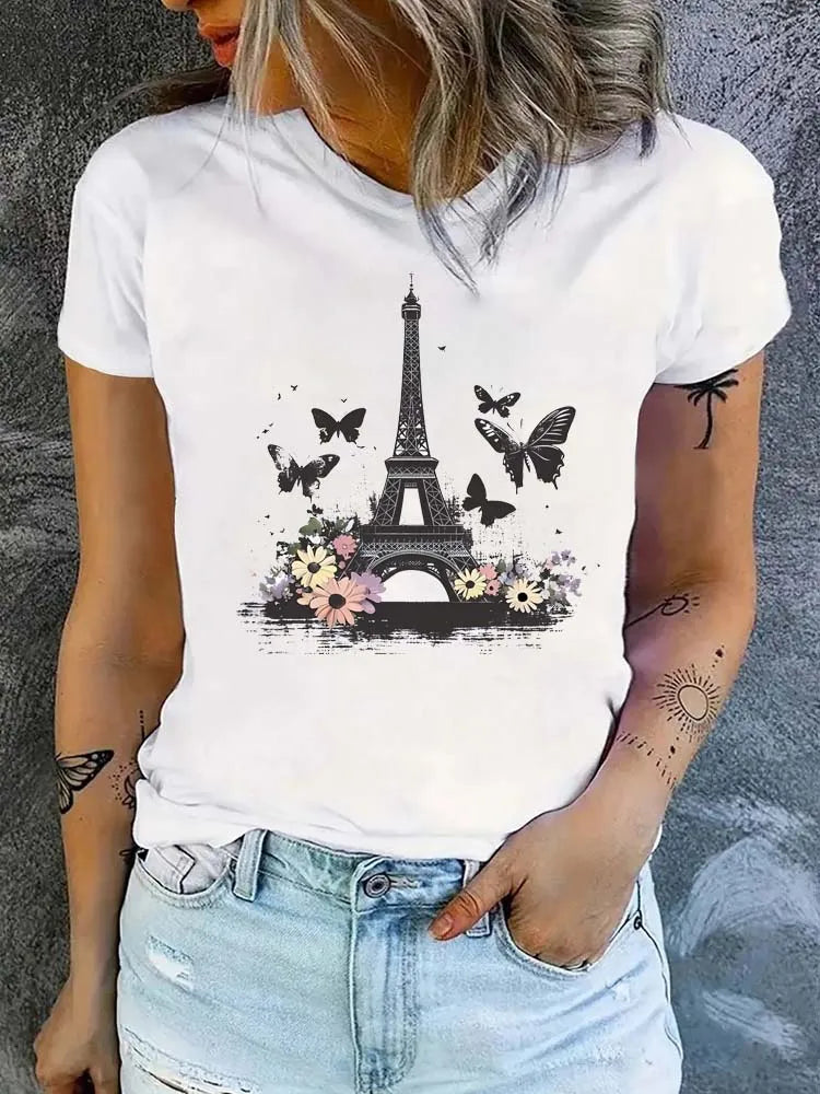 Fashion Eiffel Tower Floral Print Women Summer T Shirt Girl O Neck Funny Y2K Tops Tee Female 90s Casual Clothing