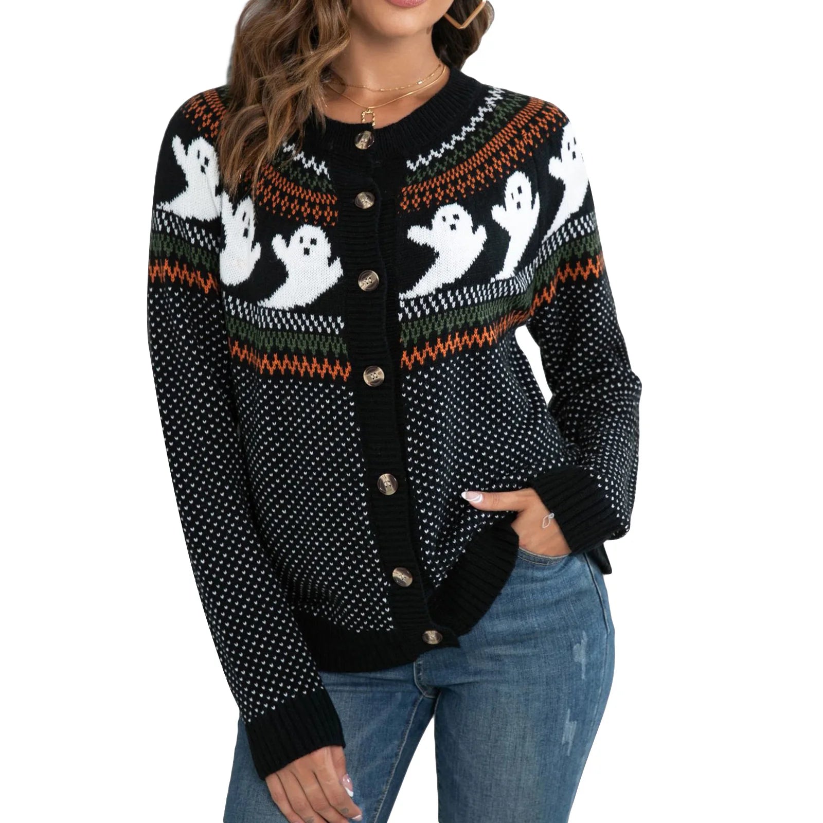 Women s Halloween Pumpkin Print Long Sleeve Button Down Cardigan Round Neck Sweater Knit Tops for Fall Festivities