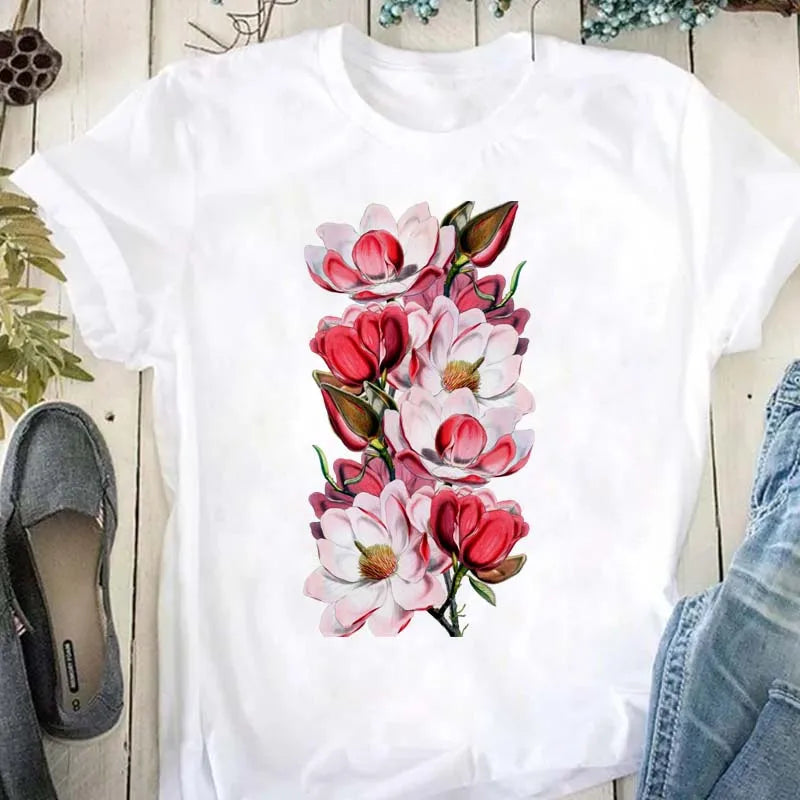 Beautiful Flower Print Women T-Shirts Casual Breathable Soft Short Sleeve Tops Loose Comfortable Street Female Clothes Pink T Sh