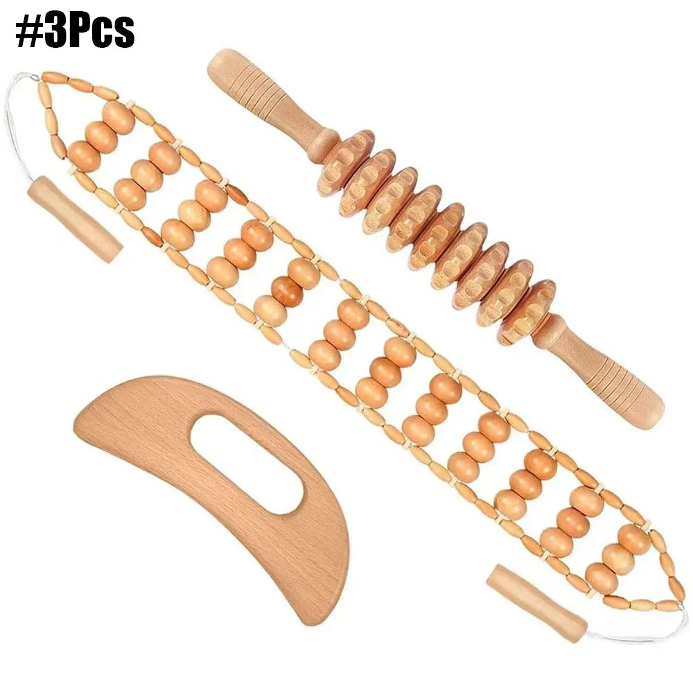 A set of wooden massage tools being used on a person's back, highlighting the smooth polished surface and easy handle bar of the wooden massagers.