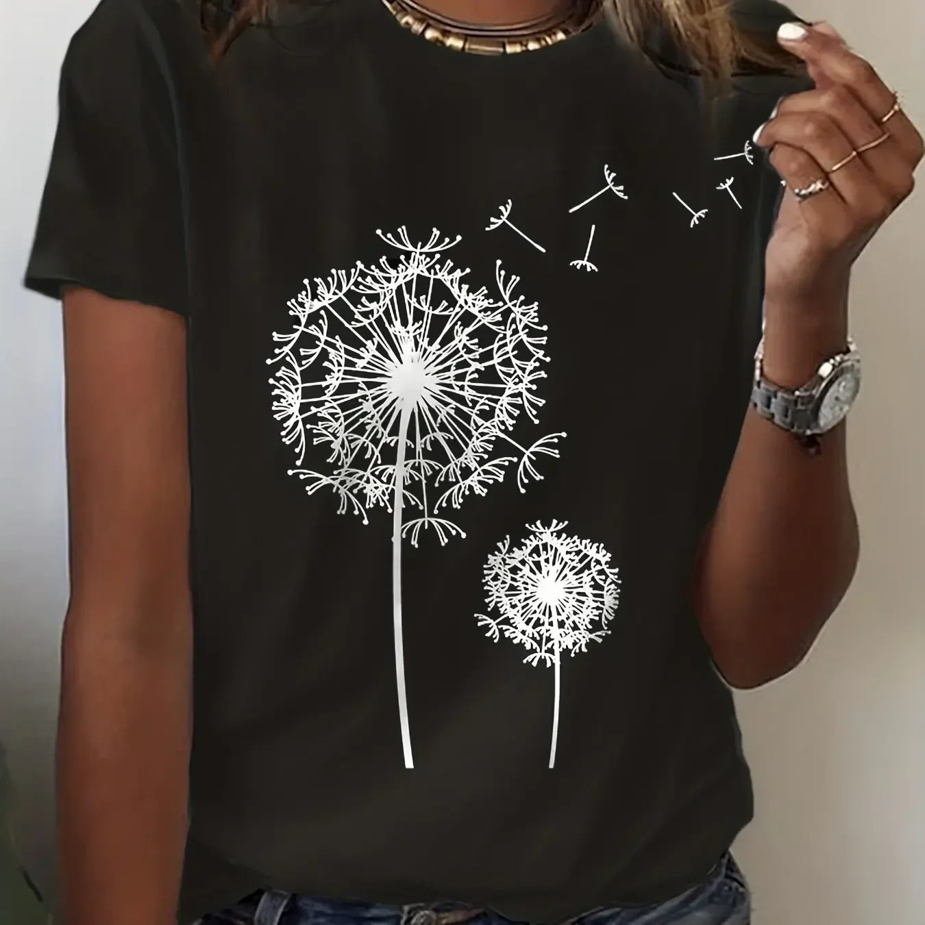 Dandelion Print Crew Neck T-Shirt Women T-Shirt Casual Short Sleeve Top Summer Women's Clothing Cartoon Streetwear Clothes