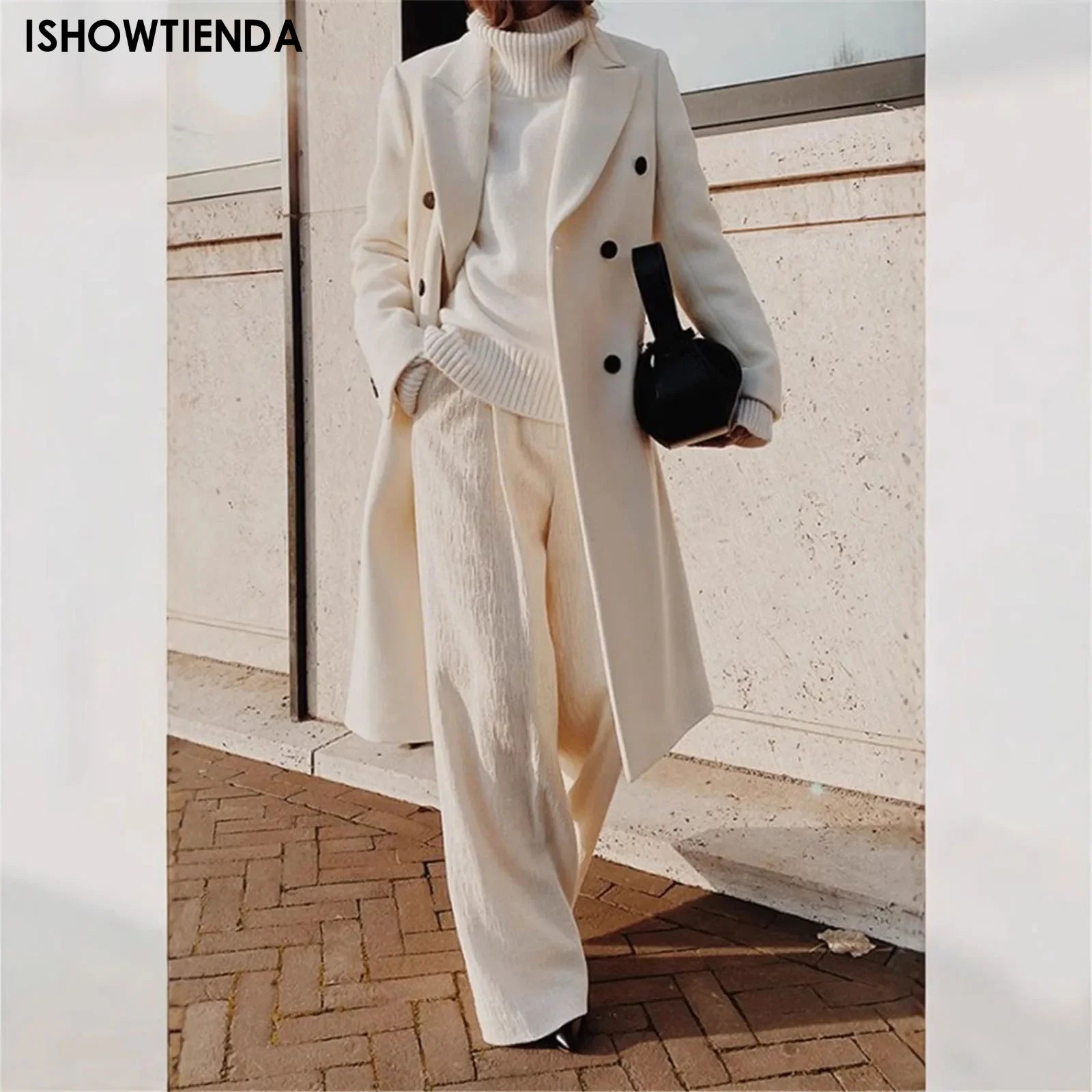 Elegant White Woolen Blend Trench Long Coat Women Chic Double Breasted Warm Full Sleeve Coats New Female High Street Outerwear