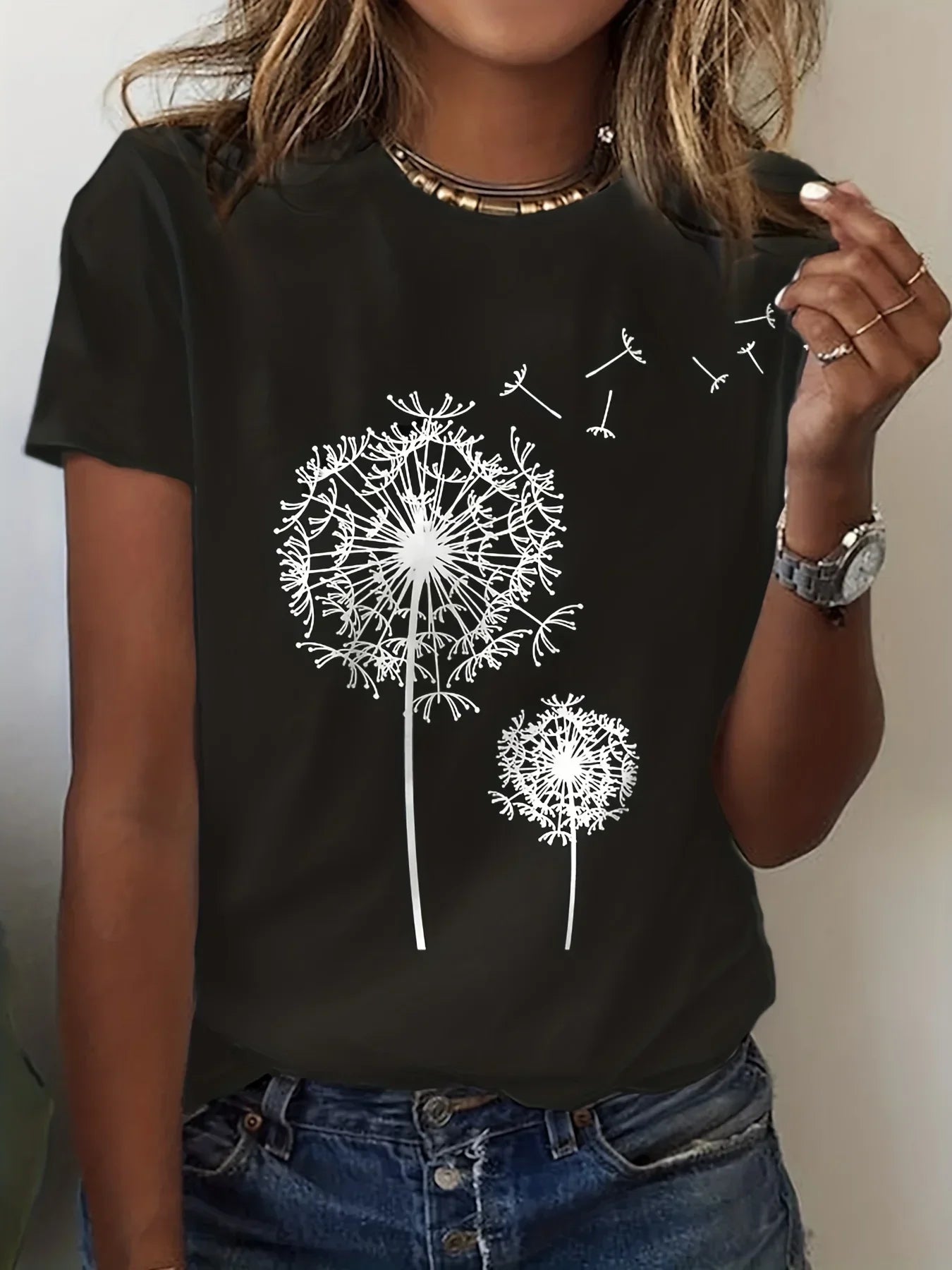 Dandelion Print Crew Neck T-Shirt Women T-Shirt Casual Short Sleeve Top Summer Women's Clothing Cartoon Streetwear Clothes