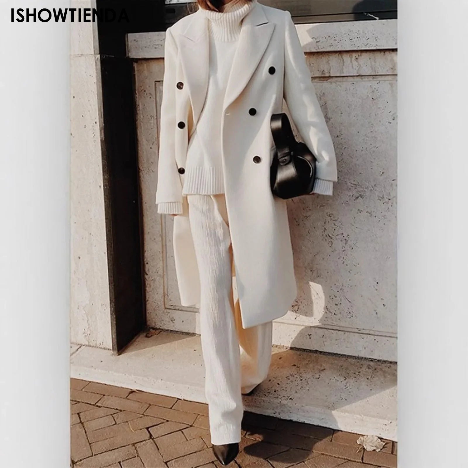 Elegant White Woolen Blend Trench Long Coat Women Chic Double Breasted Warm Full Sleeve Coats New Female High Street Outerwear