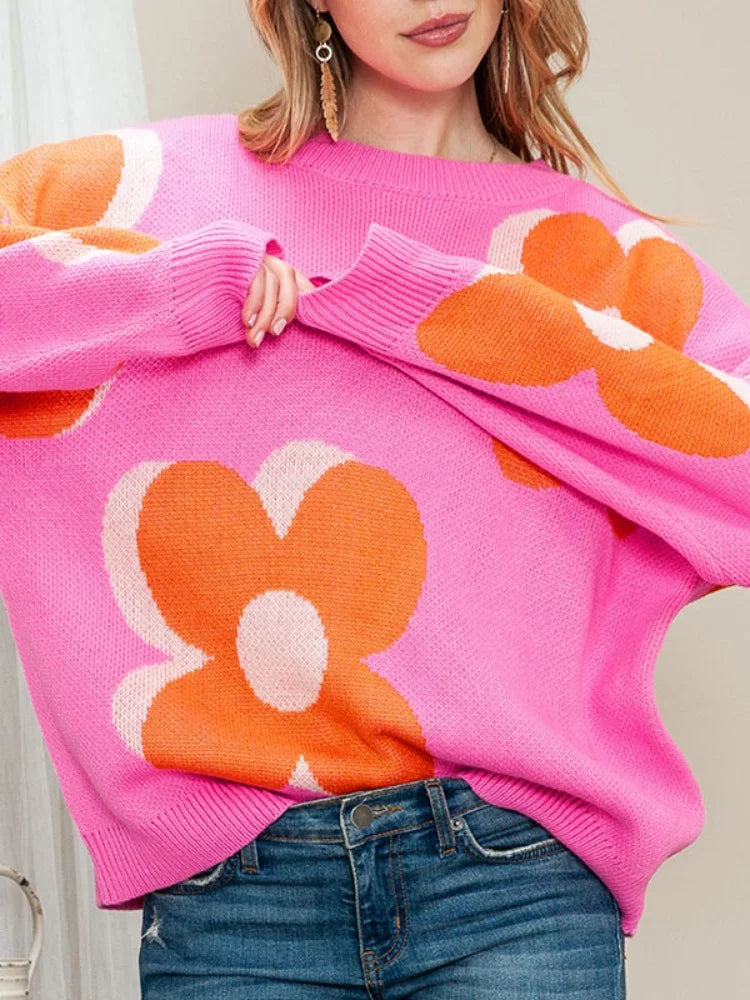 Women's Brown Knit sweater New Fashion Y2k Long Sleeves Loose Knitted Flower Round-Neck Casual Pullovers Sweater Tops Female