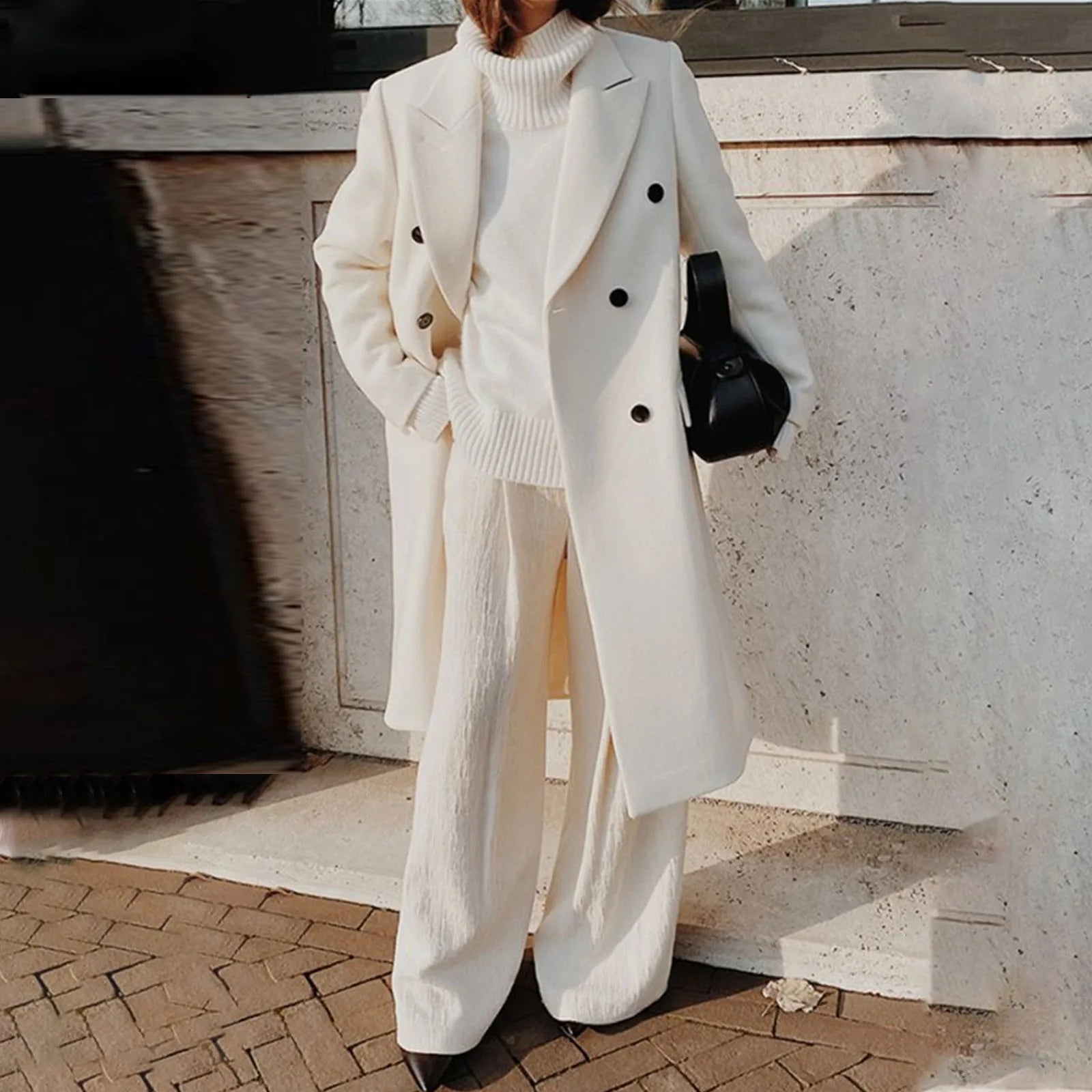 Elegant White Woolen Blend Trench Long Coat Women Chic Double Breasted Warm Full Sleeve Coats New Female High Street Outerwear